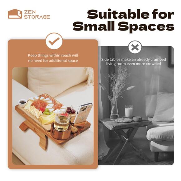 Acacia Wood Couch Arm Table Tray with Charcuterie Board & Phone Holder, Cup Slot - Picture 8 of 9